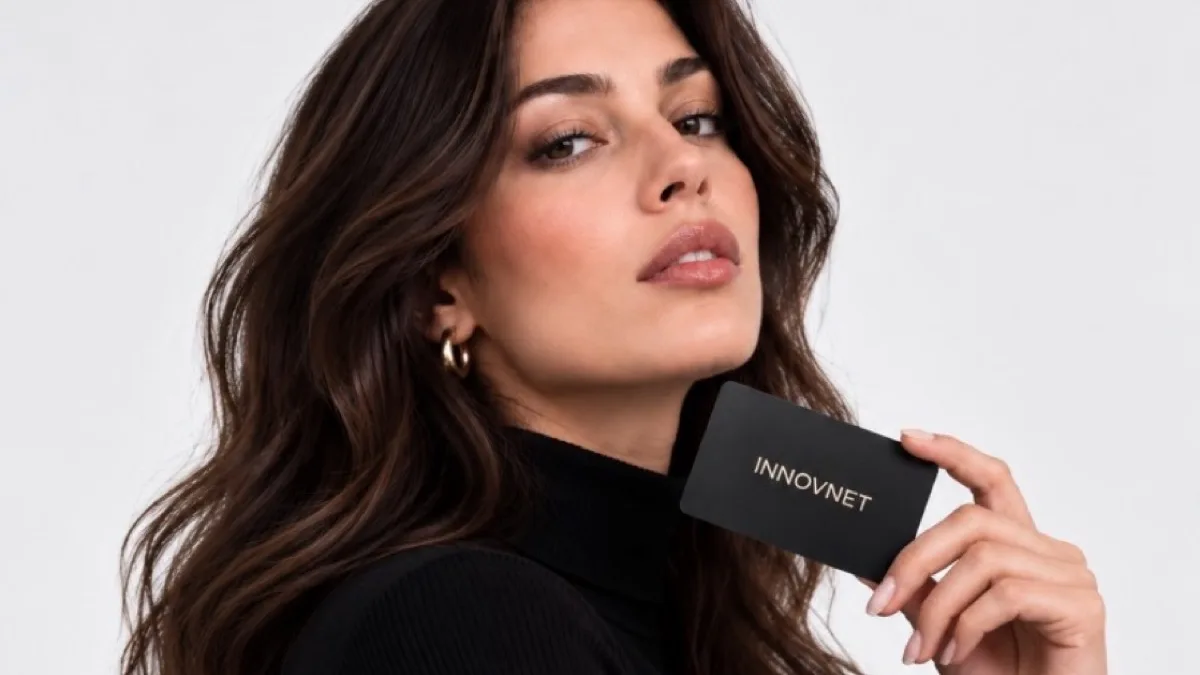 Black Innovnet metal card with the brand name printed in gold