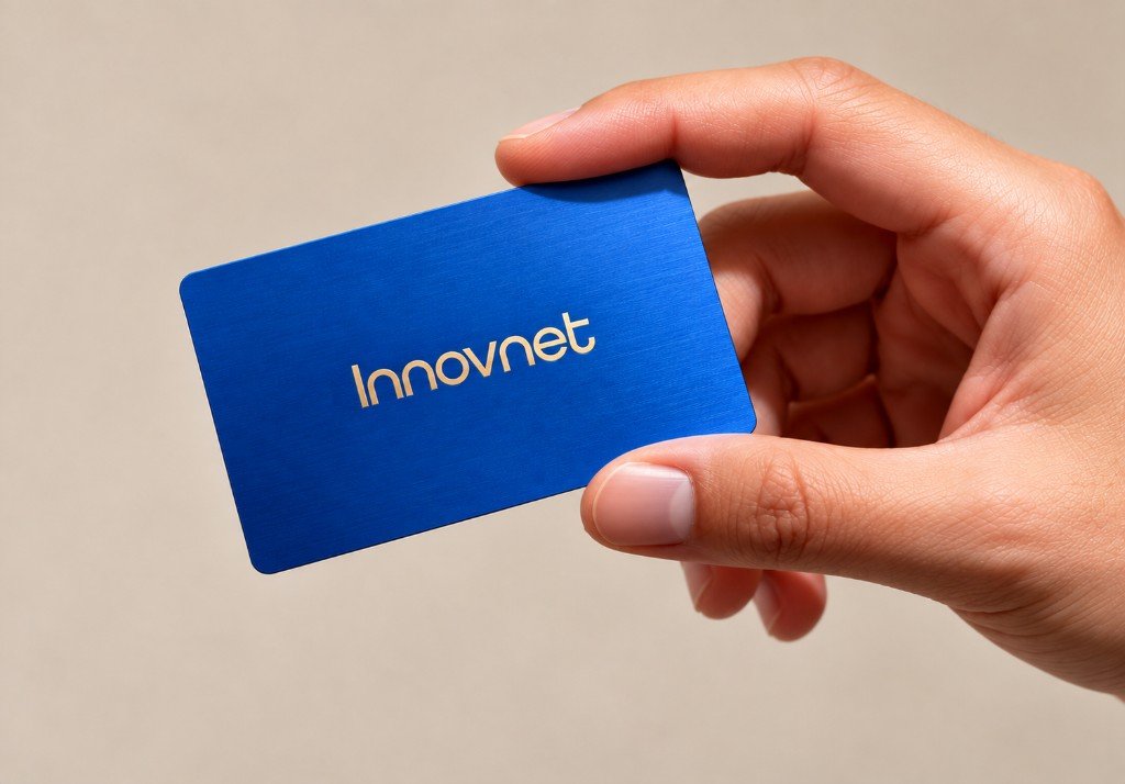 Blue Innovnet metal card held in a hand