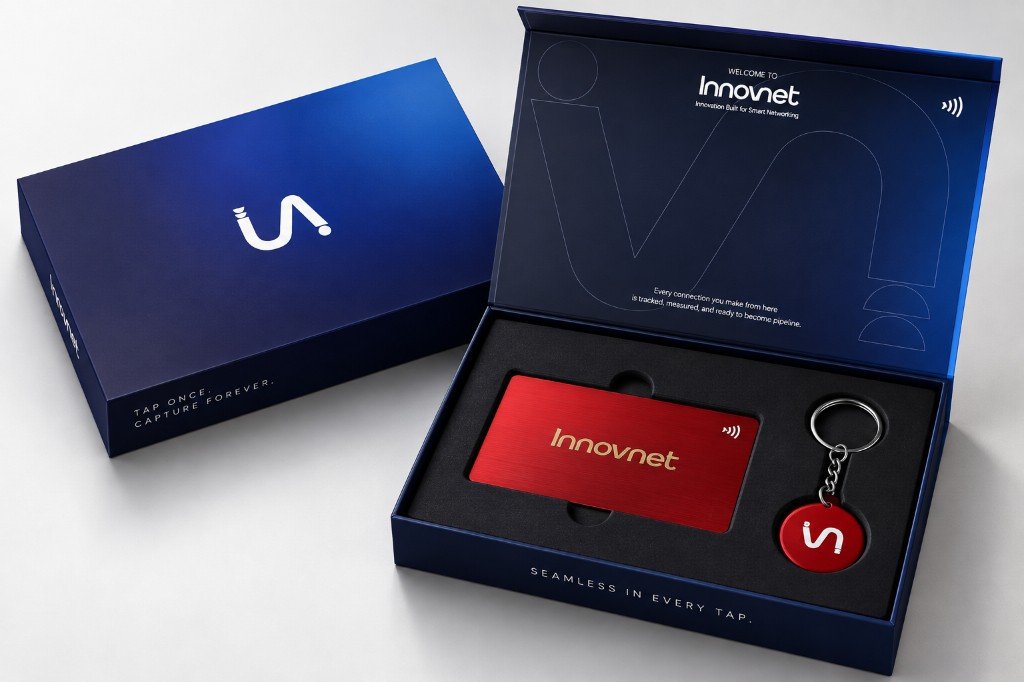 Red Innovnet metal card in the welcome box